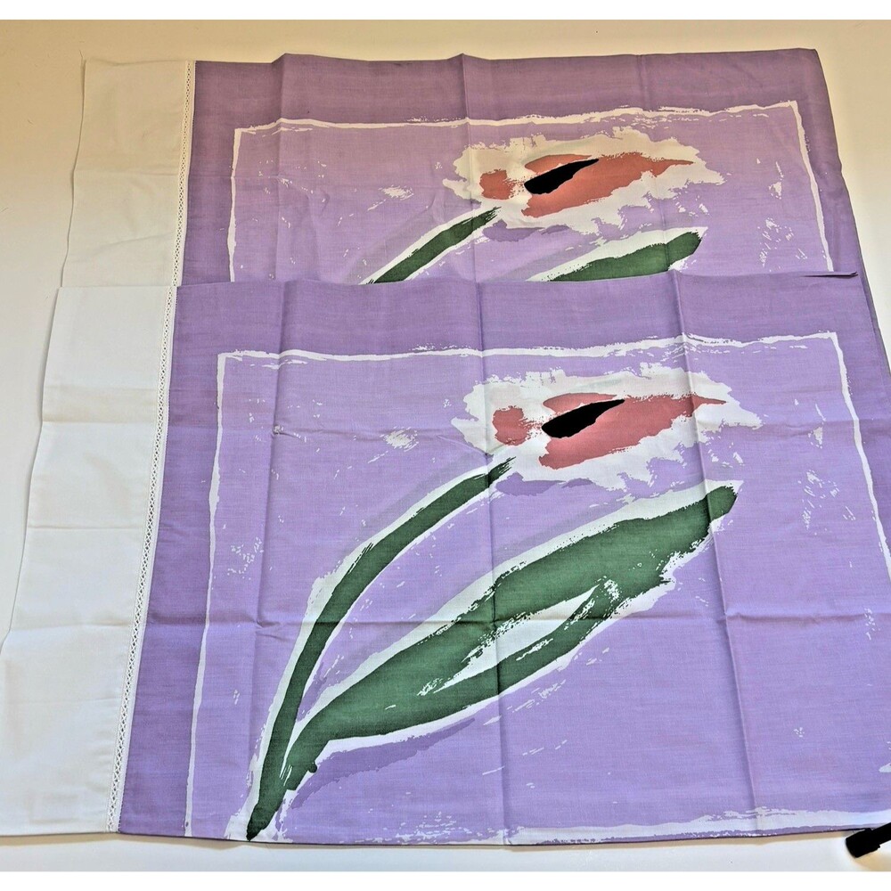 Vintage NOS BURLINGTON Set of 2 Pillow Cases Standard Abstract Floral Purple New